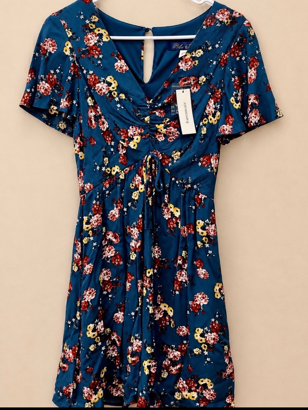Francesca’s Dark Teal Floral Ruched Tie Front Mini Dress XXS NWT
